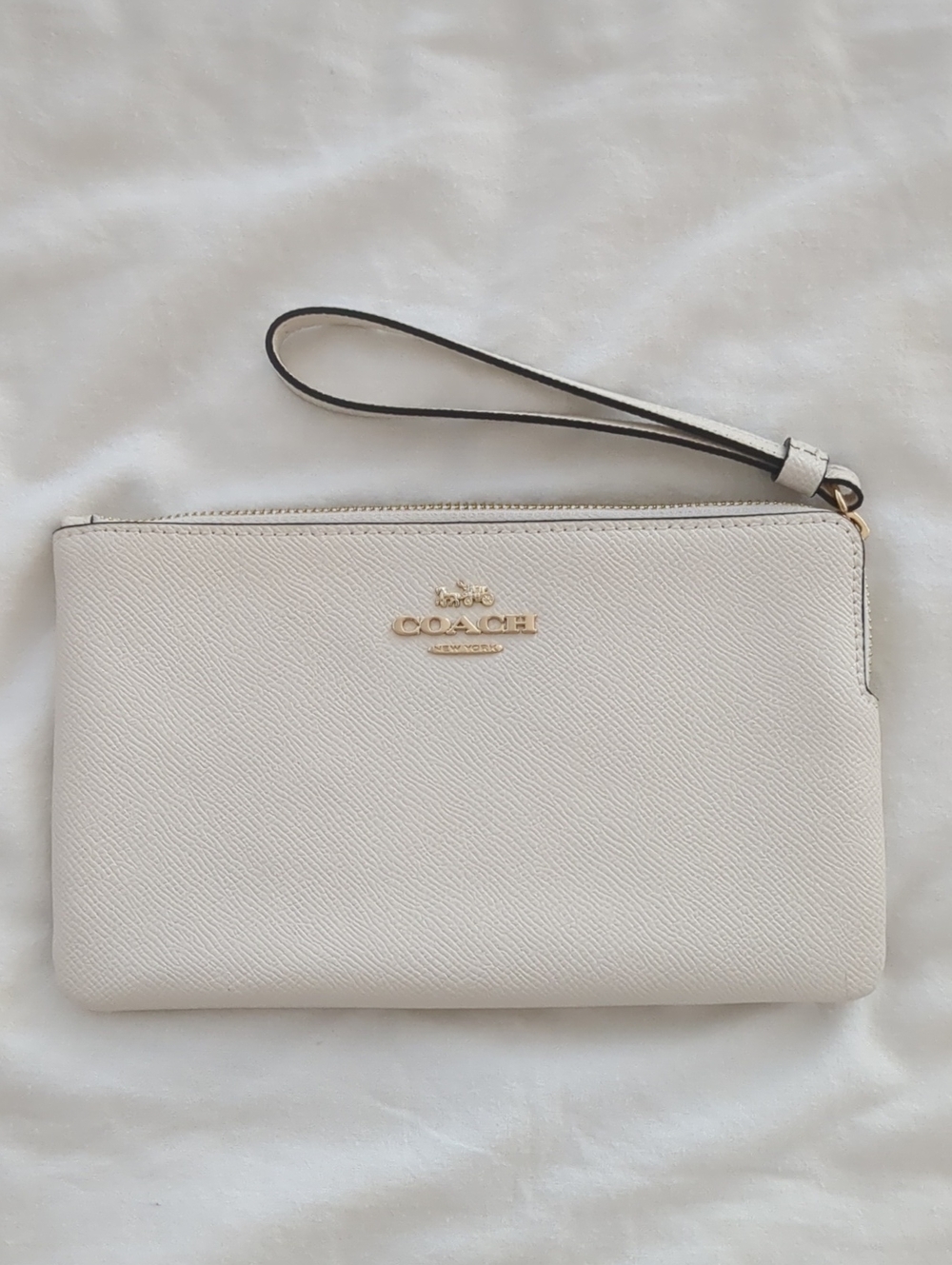 Coach Cream Pebble Leather Wristlet Clutch with Gold Logo